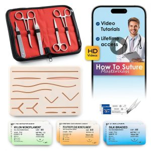 Suture Practice Kit + Suturing Course for Medical Students, Silicone Suture Pad, 14 Pre-Cut Wounds, Tools & Sutures, Stitching Kit De Sutura Nurse Vet Supplies Med School Essentials-0
